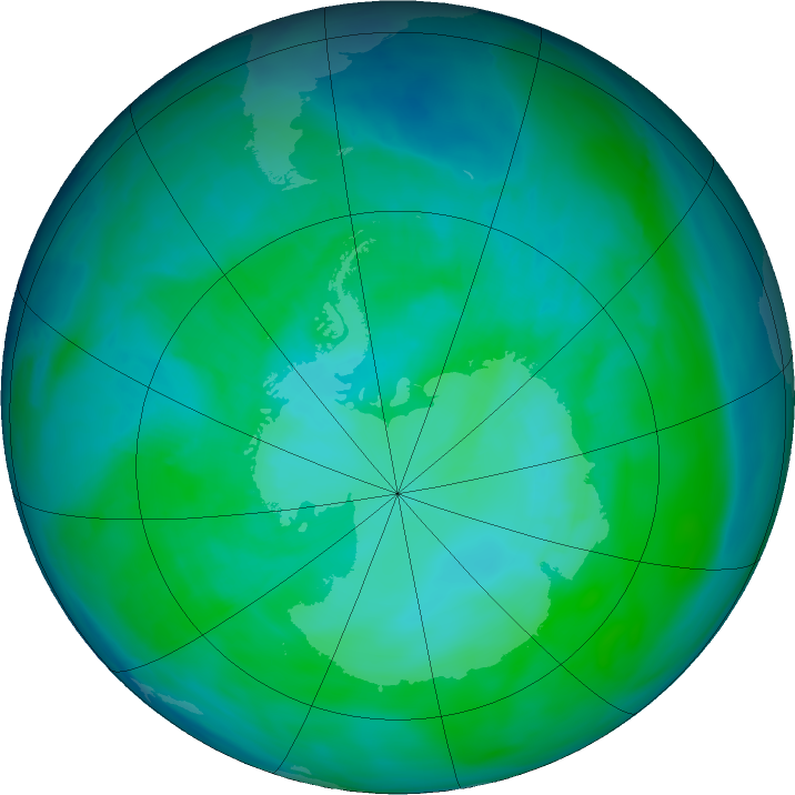 Antarctic ozone map for 04 January 2016